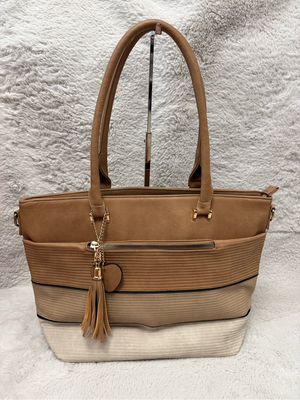 Bakers Tan and Cream Striped Tote with Tassel Charm